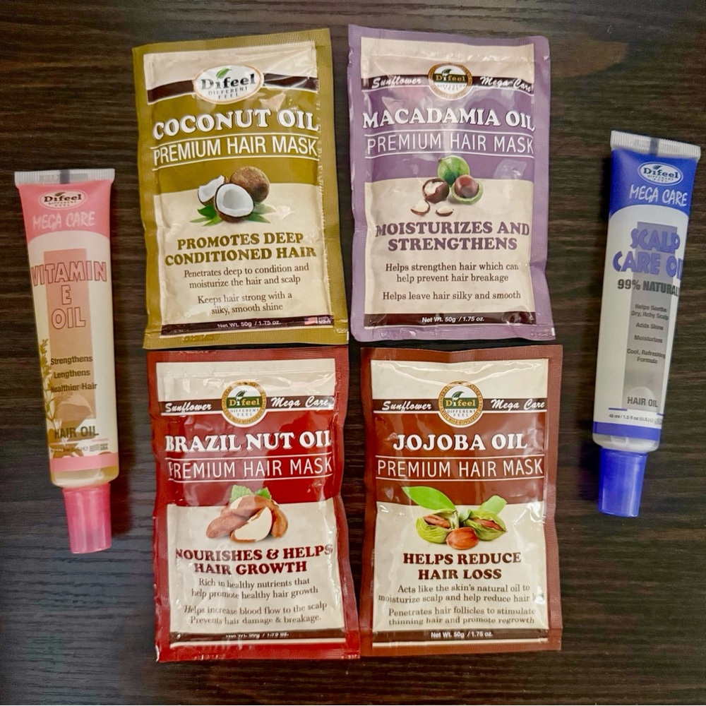 Difeel Mega Care Hair Bundle: Scalp Care Oil + Vitamin E Oil + 4 Premium Masks